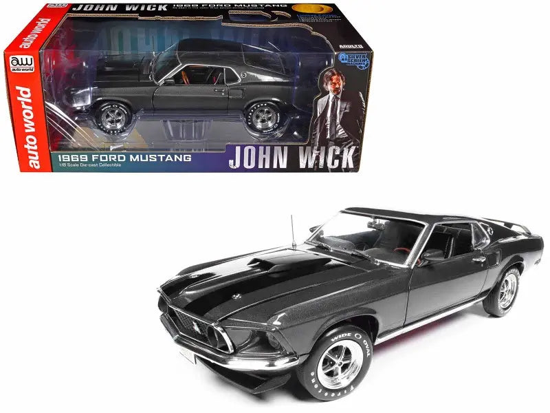 1/18 Auto World 1969 Ford Mustang (Dark Grey Metallic with Black Stripes) "John Wick" (2014) Movie Diecast Car Model Coin Hub