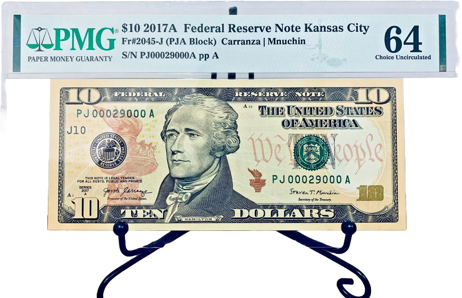 2017-A $10 FRN PMG 67EPQ Fancy LOW 5 DIGIT Serial #PJ00029000A with Bonus Note