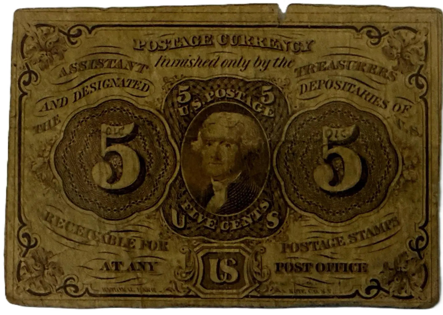 1862–1863 United States 5¢ Fractional Currency – Postage Currency | Thomas Jefferson Heritage Pastime