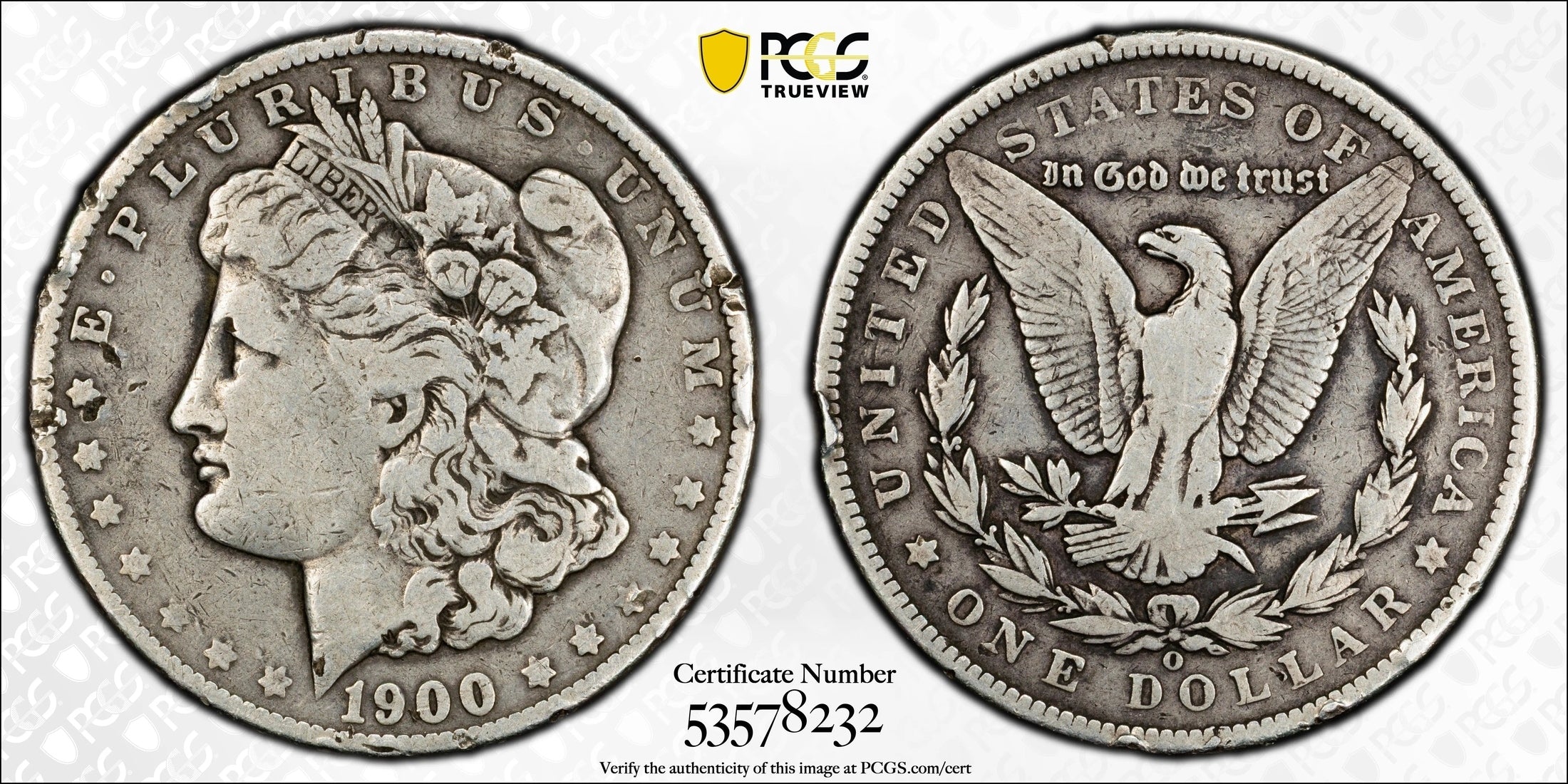 1900 Morgan Silver Dollar – PCGS Genuine Fine Details (98 Damage) | Historic 90% Silver U.S. Coin | Rare Collectible Piece Heritage Pastime