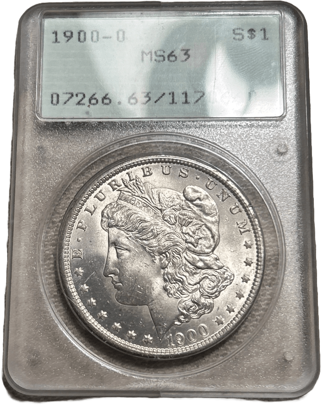 1900-O Morgan Silver Dollar PCGS MS63 Rattler Old Green Holder obverse Liberty profile