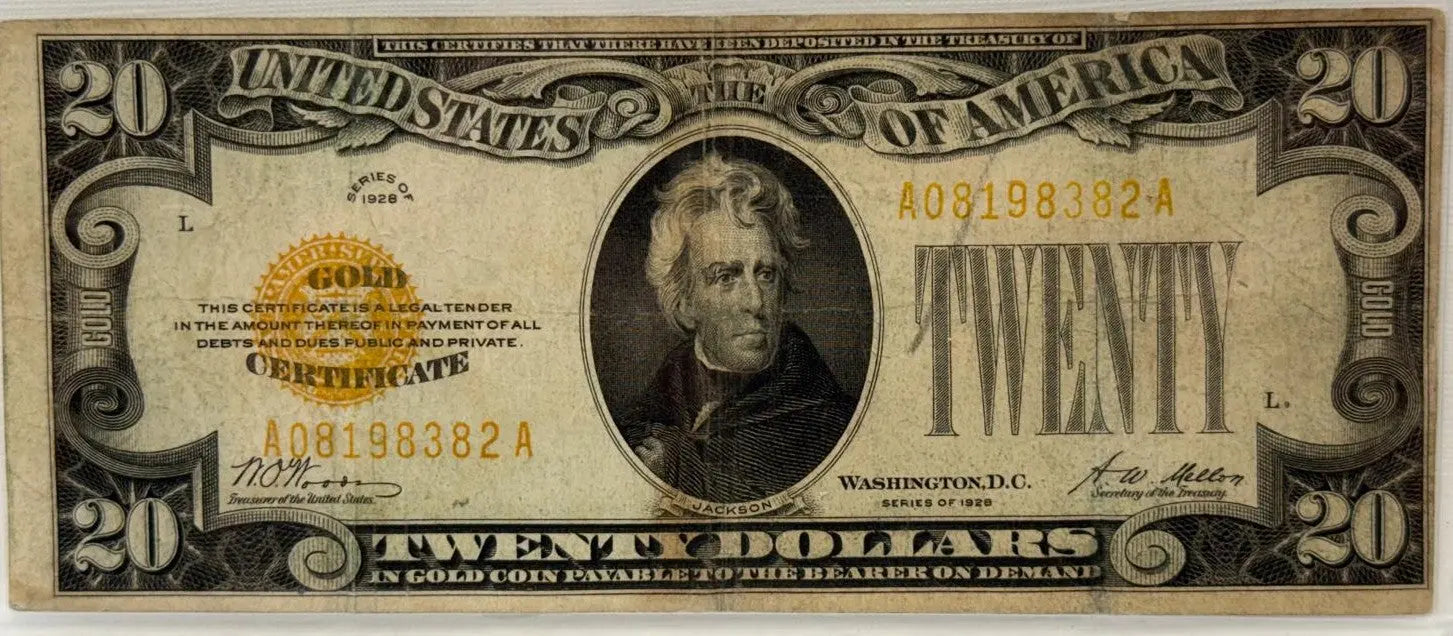 1928 $20 FR 2402 Gold Certificate. Circulated Heritage Pastime