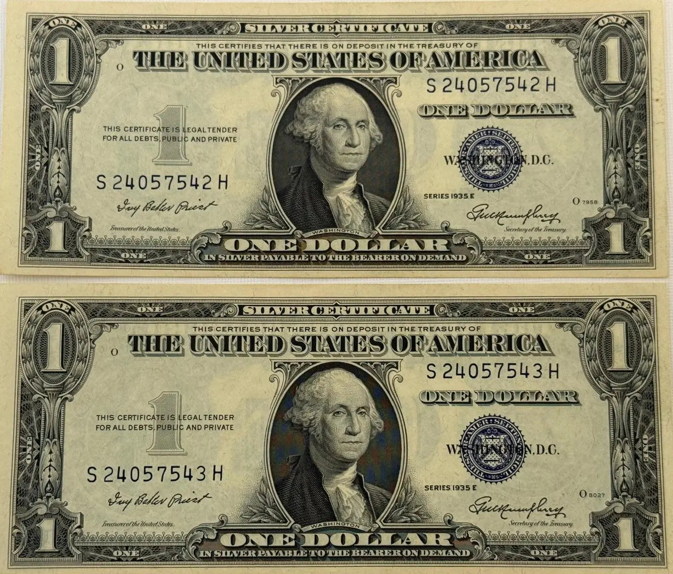 1935 E (2) $1 Fr. 1614 Silver Certificate. Consecutive Silver Certificates, UNC Rare Collectible Set Heritage Pastime