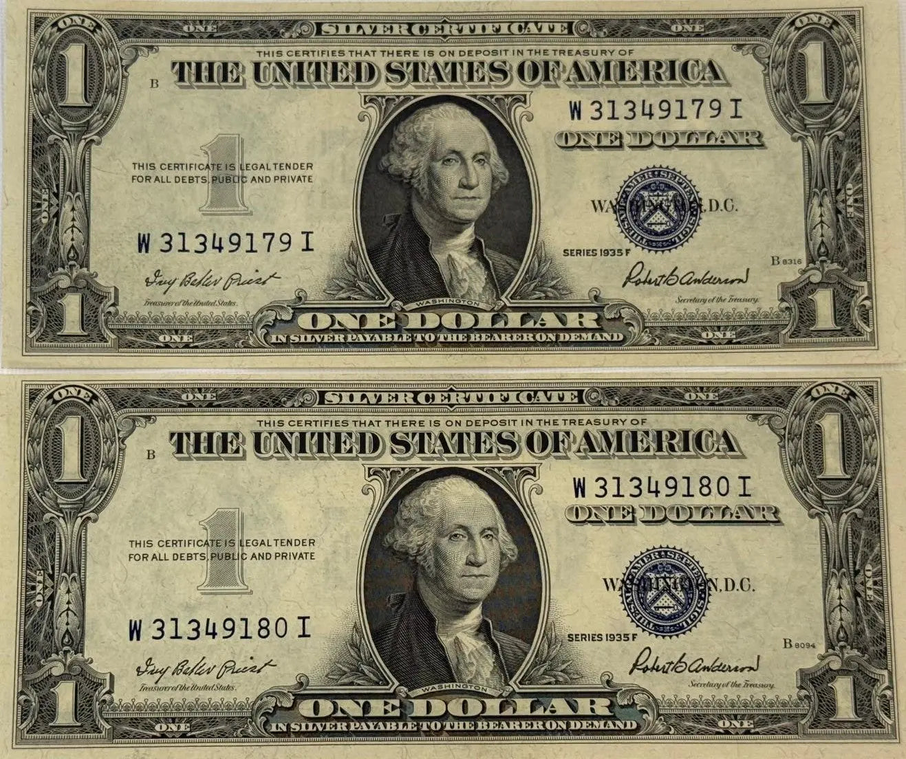 1935 F (2) $1 Fr. 1615 Silver Certificate. Consecutive Silver Certificates, UNC Coin Hub