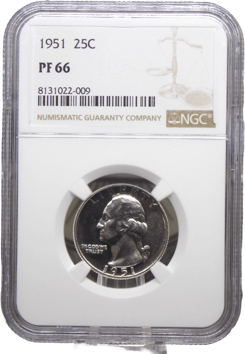 1951 Proof Washington Silver Quarter NGC PF66 obverse with mirrored fields