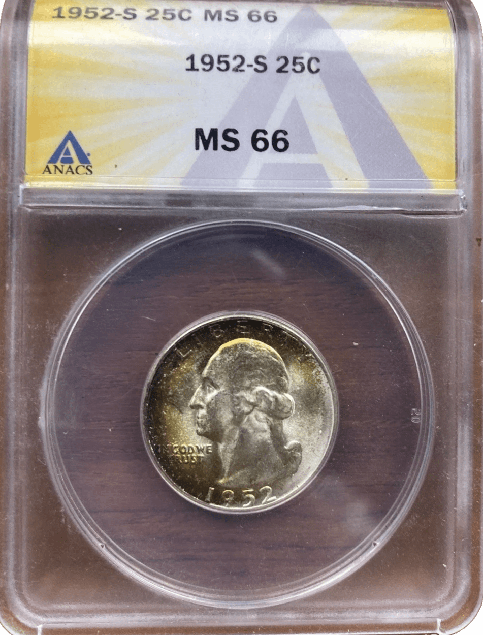1952-S Washington Quarter obverse featuring vibrant sunset toning graded MS66