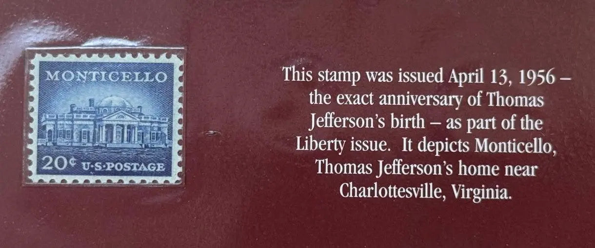 1956 U.S. 20¢ Monticello Stamp – Thomas Jefferson Home | Liberty Series Issue Heritage Pastime