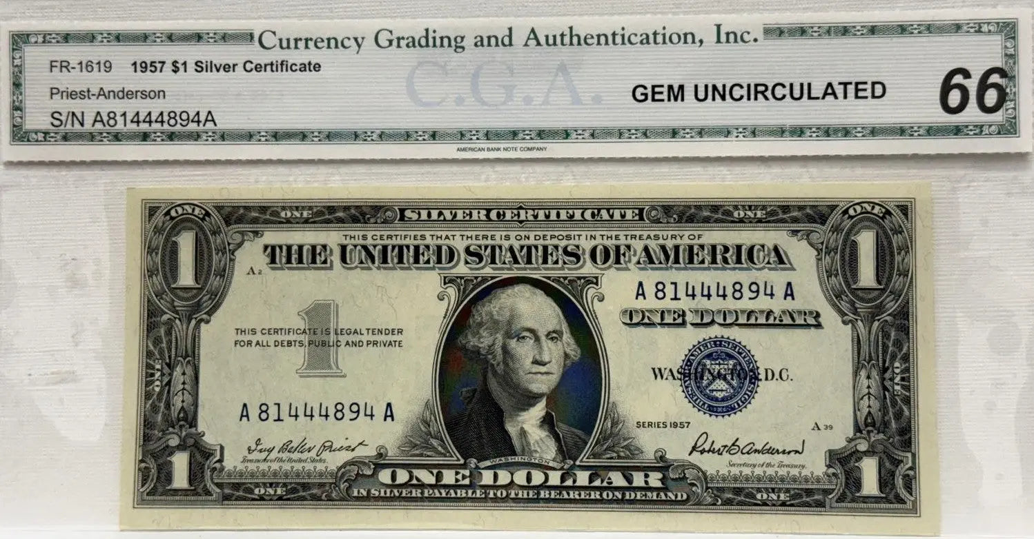 1957 $1 FR 1619 Silver Certificate S# A 81444894 A CGA-66 Heritage Pastime