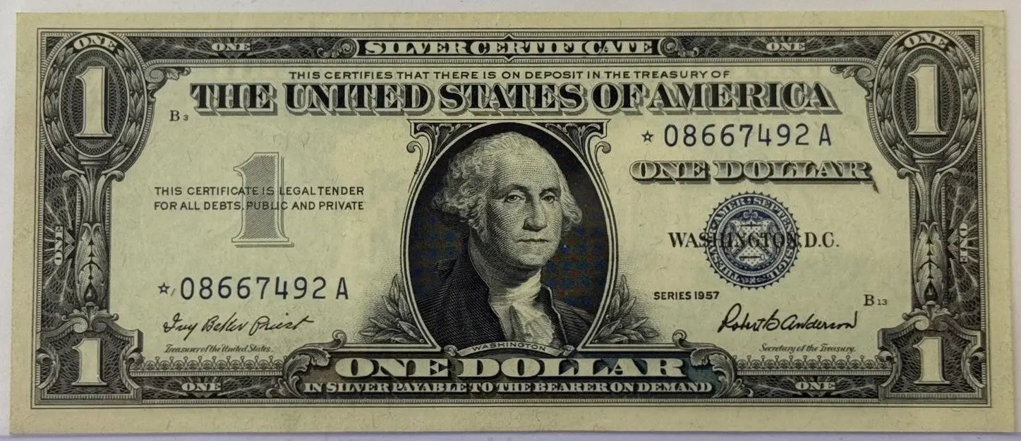 1957 $1 Silver Certificate STAR Note – Blue Seal Replacement Note – Priest/Anderson Signatures Heritage Pastime