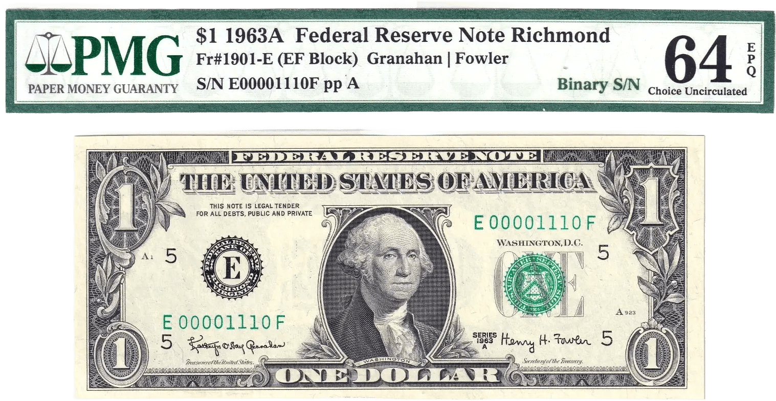 1963-A $1 FRN PMG Choice Unc 64EPQ Fancy TRUE 0/1 BINARY Serial #E00001110F Heritage Pastime