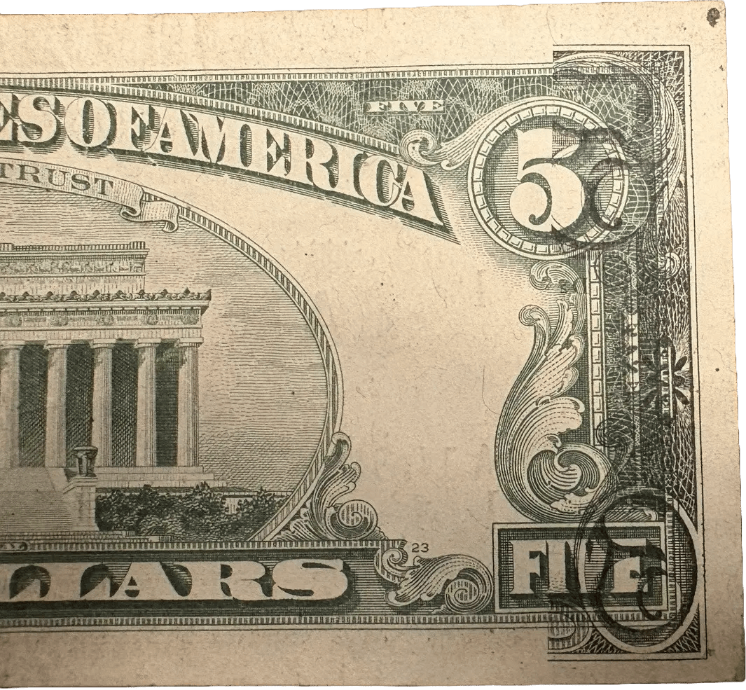 1963A $5 note. ERROR! Printing on reverse! RARE! Heritage Pastime