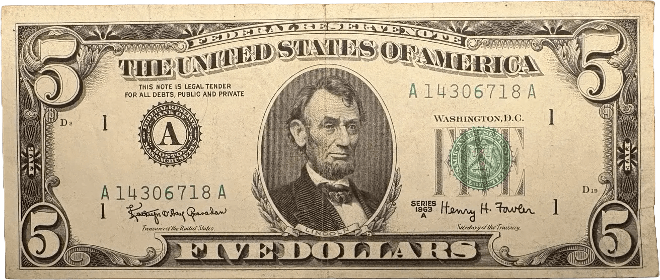 1963A $5 note. ERROR! Printing on reverse! RARE! Heritage Pastime