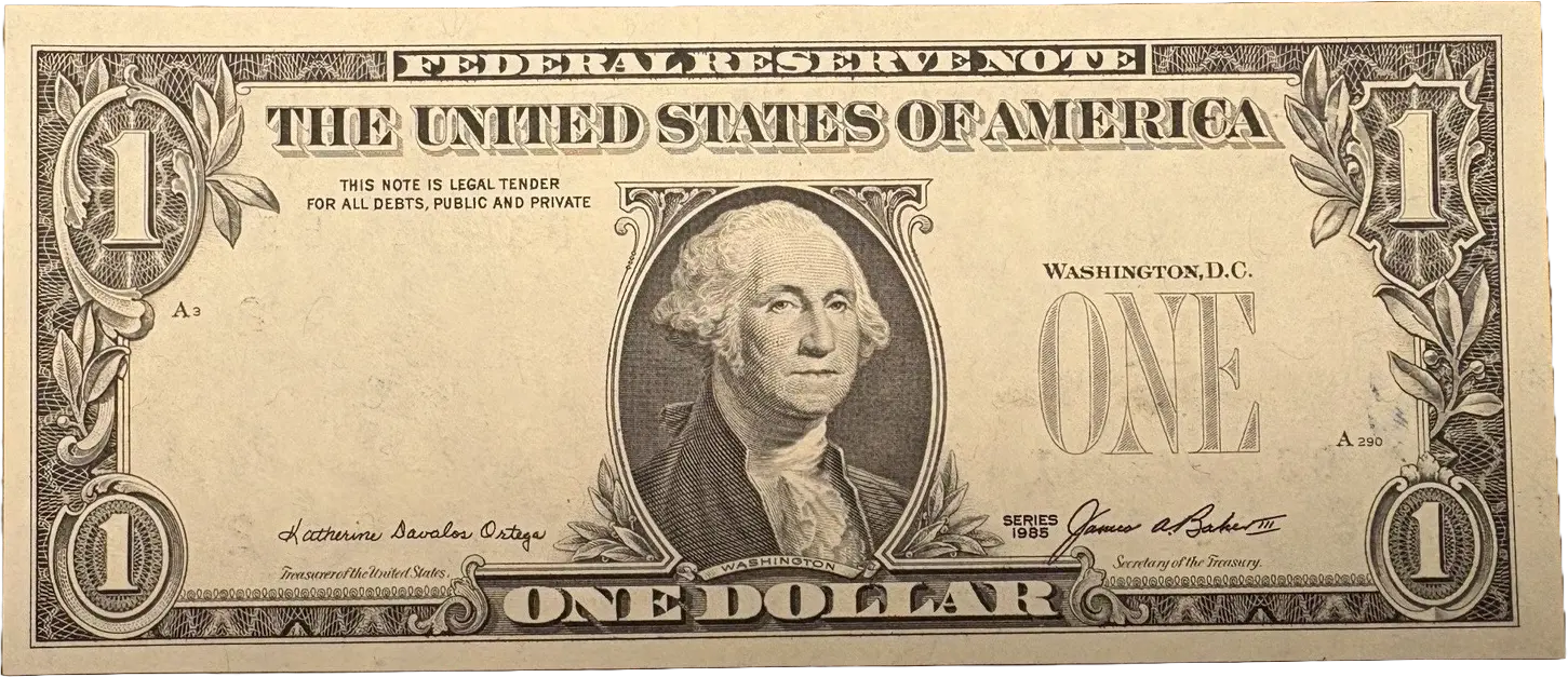 1985 $1 ERROR Note. Great Condition! Serial number and seal on reverse. RARE! Coin Hub