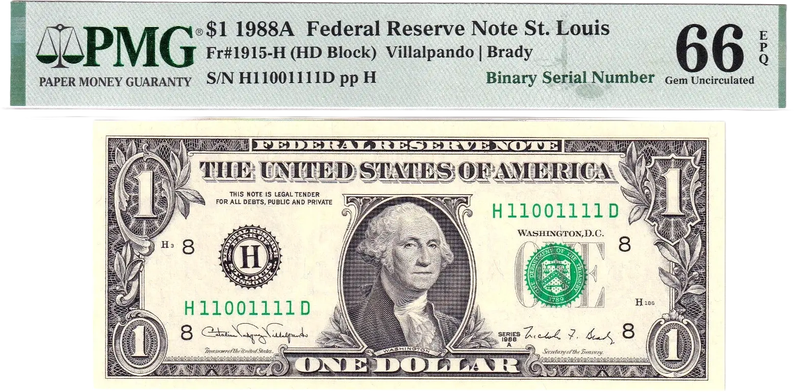 1988-A $1 FRN PMG 66EPQ Fancy NEAR SOLID 6 DIGIT 0/1 BINARY Serial #H11001111D Coin Hub