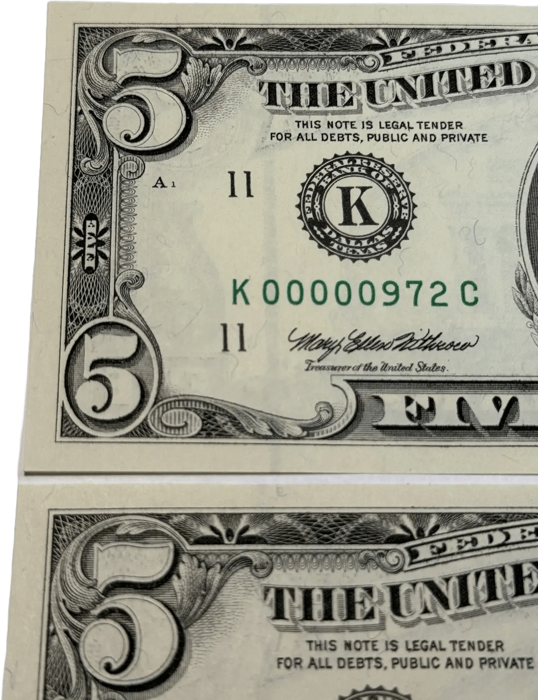 1995 3 DIGIT LOW SERIAL NUMBER 974 $5 Dollar Bills FANCY K00000927C~3 CONSECUTIVE Heritage Pastime