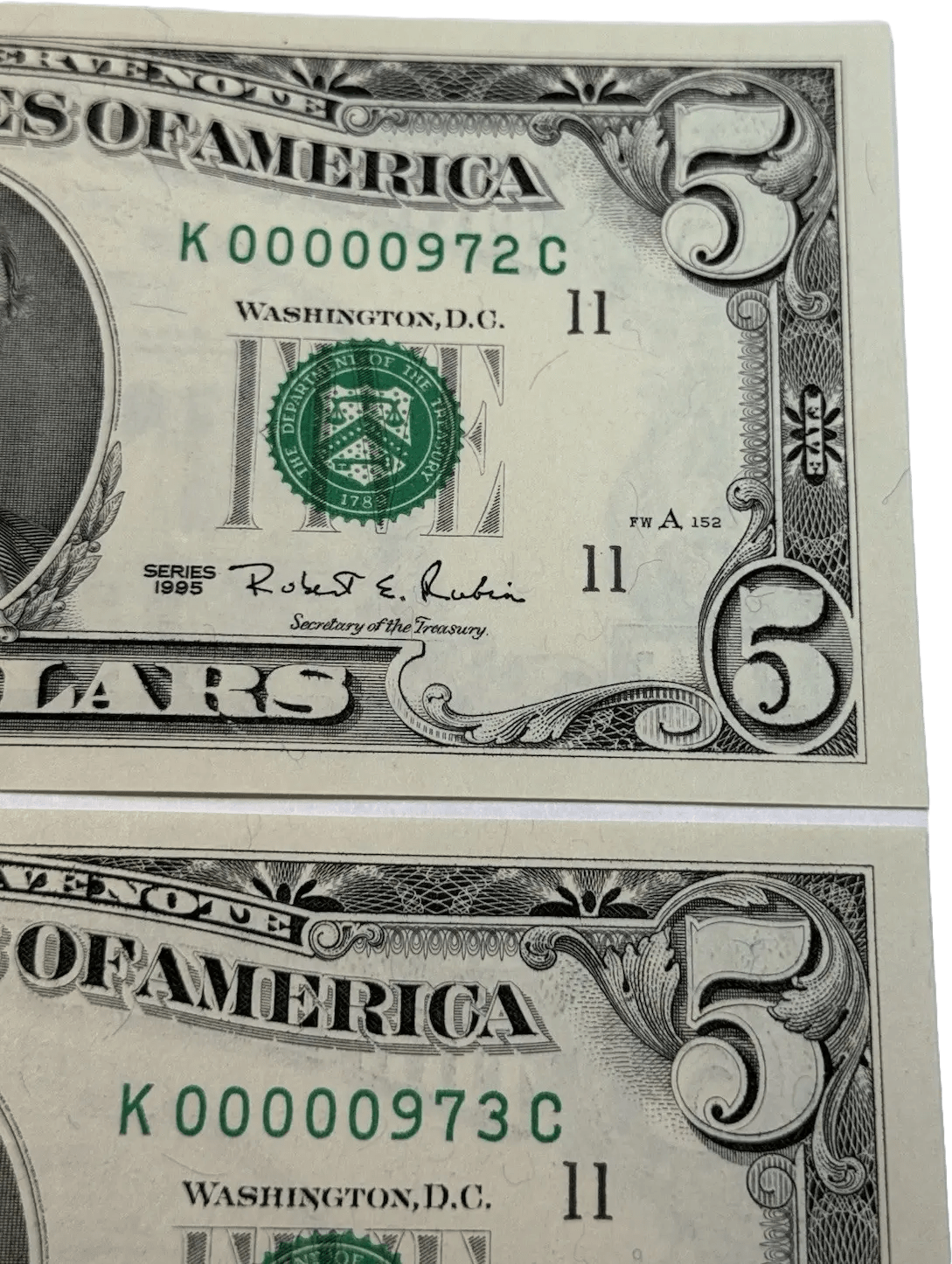 1995 3 DIGIT LOW SERIAL NUMBER 974 $5 Dollar Bills FANCY K00000927C~3 CONSECUTIVE Heritage Pastime