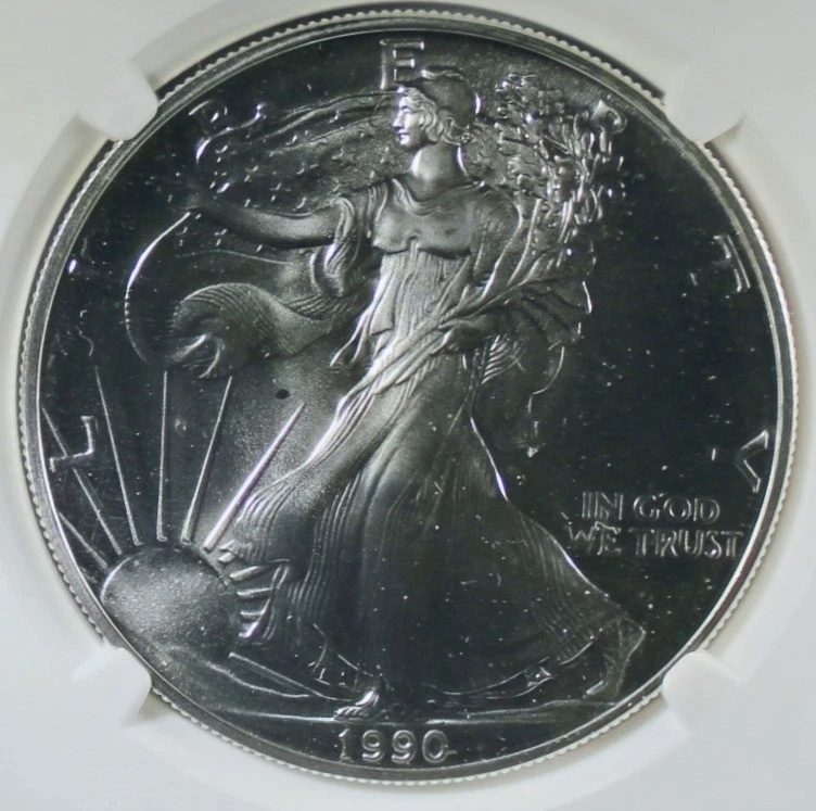 1990 American Silver Eagle - Mint Error Obverse Struck Through - NGC MS-69 (Copy)