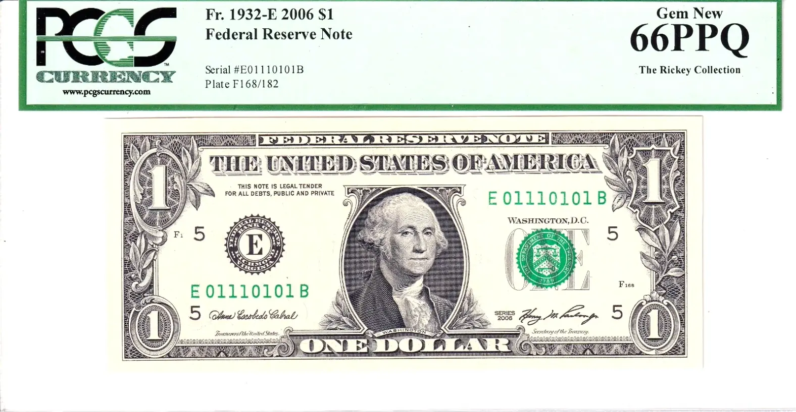 2003-A $1 FRN PCGS Gem New 66PPQ Fancy TRUE 0/1 BINARY Serial #E01110101B Coin Hub