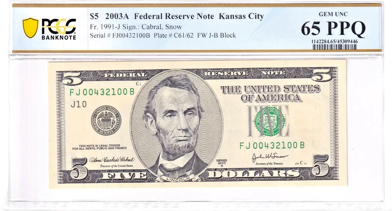 2003A $5 FRN PCGS 65PPQ Fancy PARTIAL REVERSE LADDER BOOKEND Serial #FJ00432100B Coin Hub