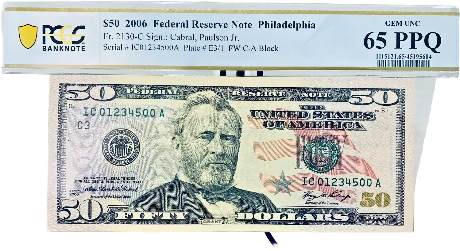 2006 $50 FRN PCGS 65PPQ Fancy PARTIAL LADDER Serial #IC01234500A Coin Hub