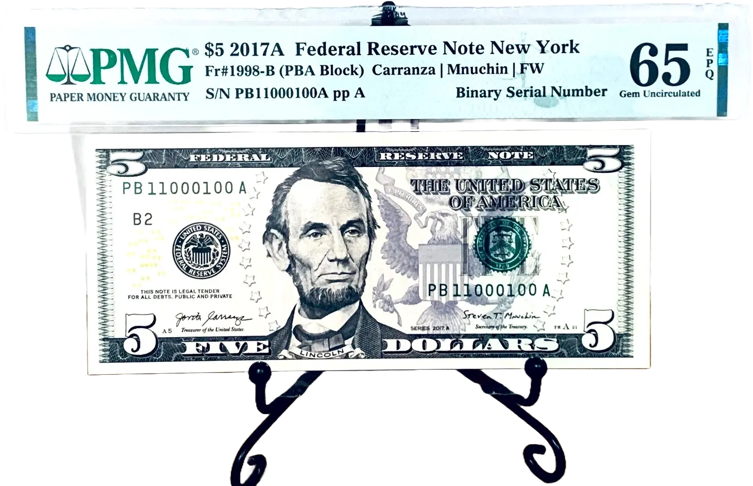 2017-A $5 FRN PMG 65EPQ Fancy TRUE 0/1 BINARY Serial #PB11000100A Coin Hub