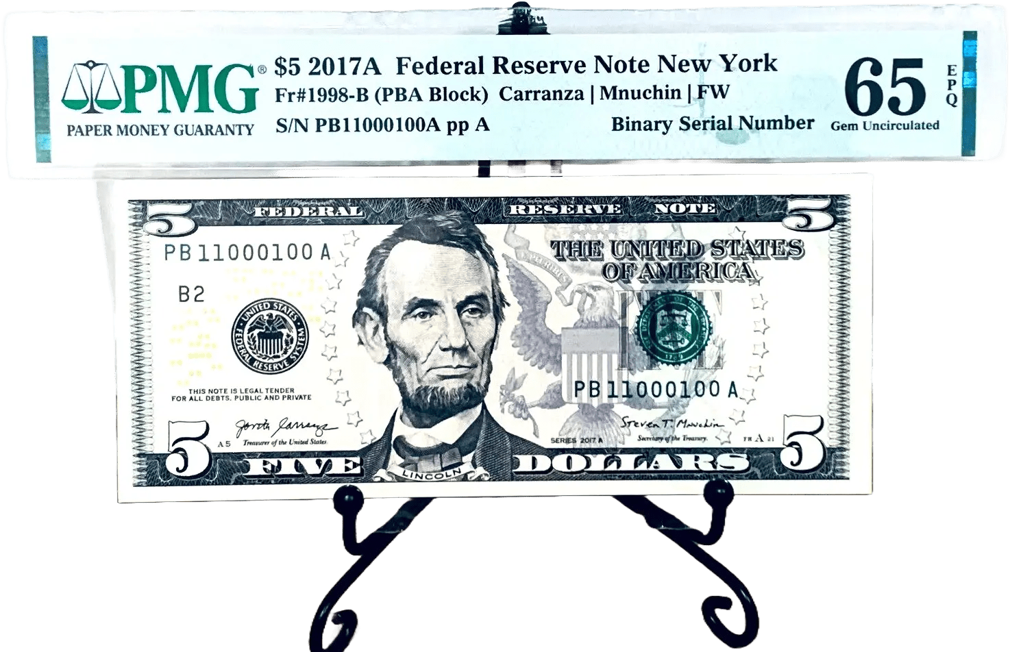 2017-A $5 FRN PMG 65EPQ Fancy TRUE 0/1 BINARY Serial #PB11000100A Heritage Pastime