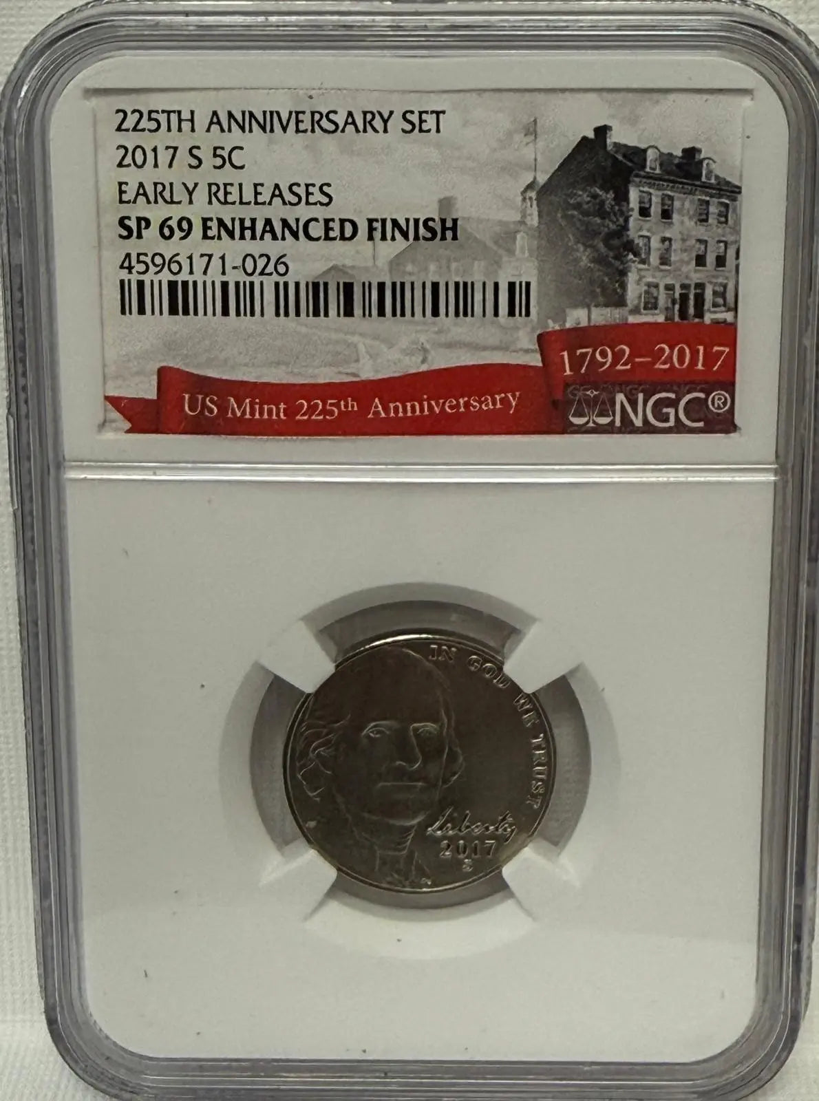 2017-S Jefferson Nickel 5¢ 225th Anniversary SP69 Enhanced Finish – Early Releases – San Francisco Mint Heritage Pastime