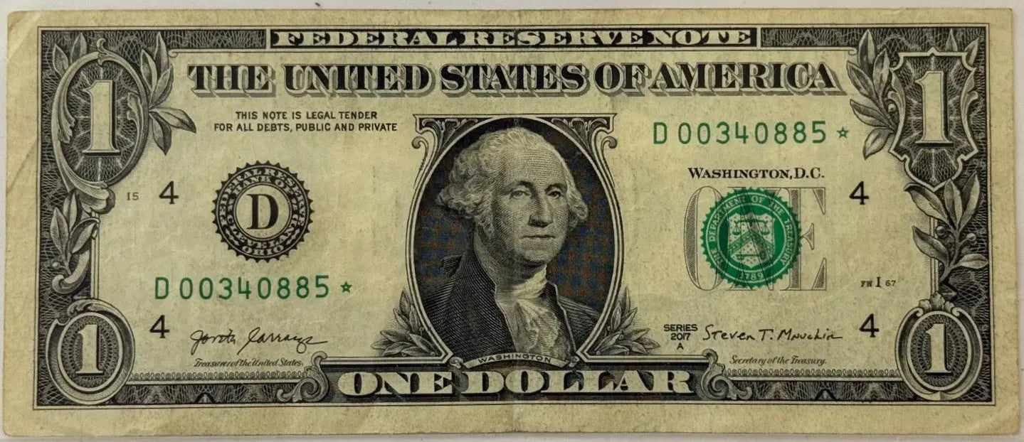 2017 U.S. $1 Federal Reserve STAR Note – Cleveland (D) District – Mnuchin Signature – Replacement Note Heritage Pastime