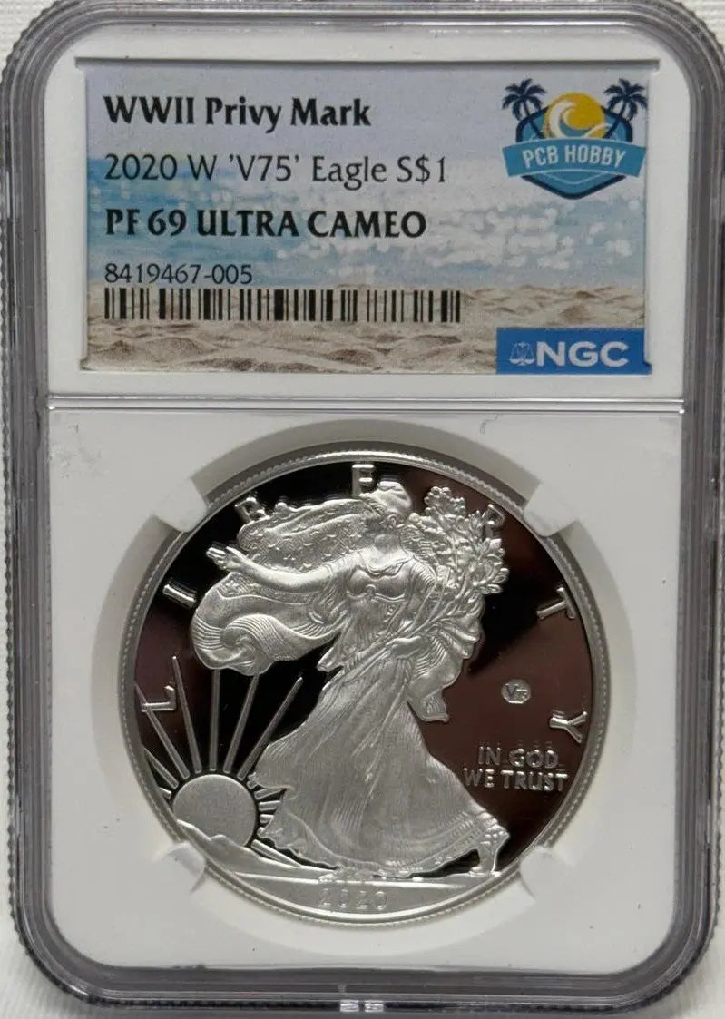 2020-W Silver Eagle 'V75' Privy Mark PF69 Ultra Cameo – WWII Commemoration, Limited Edition Heritage Pastime