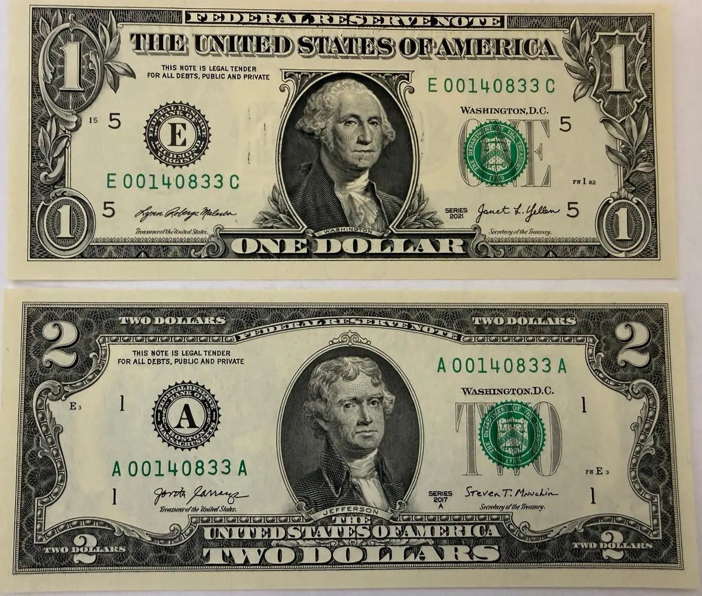 2021 $1 & 2017A $2 LOW DUPLICATE SERIAL NUMBER MATCHING DOLLAR NOTES! –SAME SERIALS E 00140833 C & A 00140833 A Coin Hub