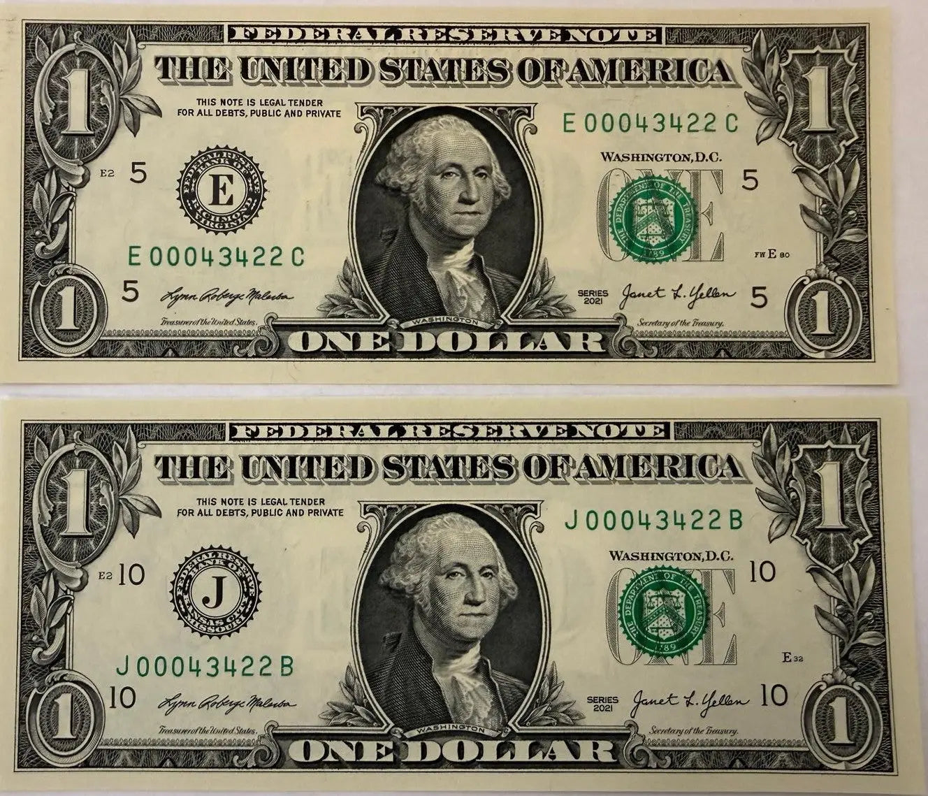 2021 $1 LOW DUPLICATE SERIAL NUMBER MATCHING DOLLAR NOTES! –SAME SERIALS J 00043422 B & E 00043422 C Coin Hub