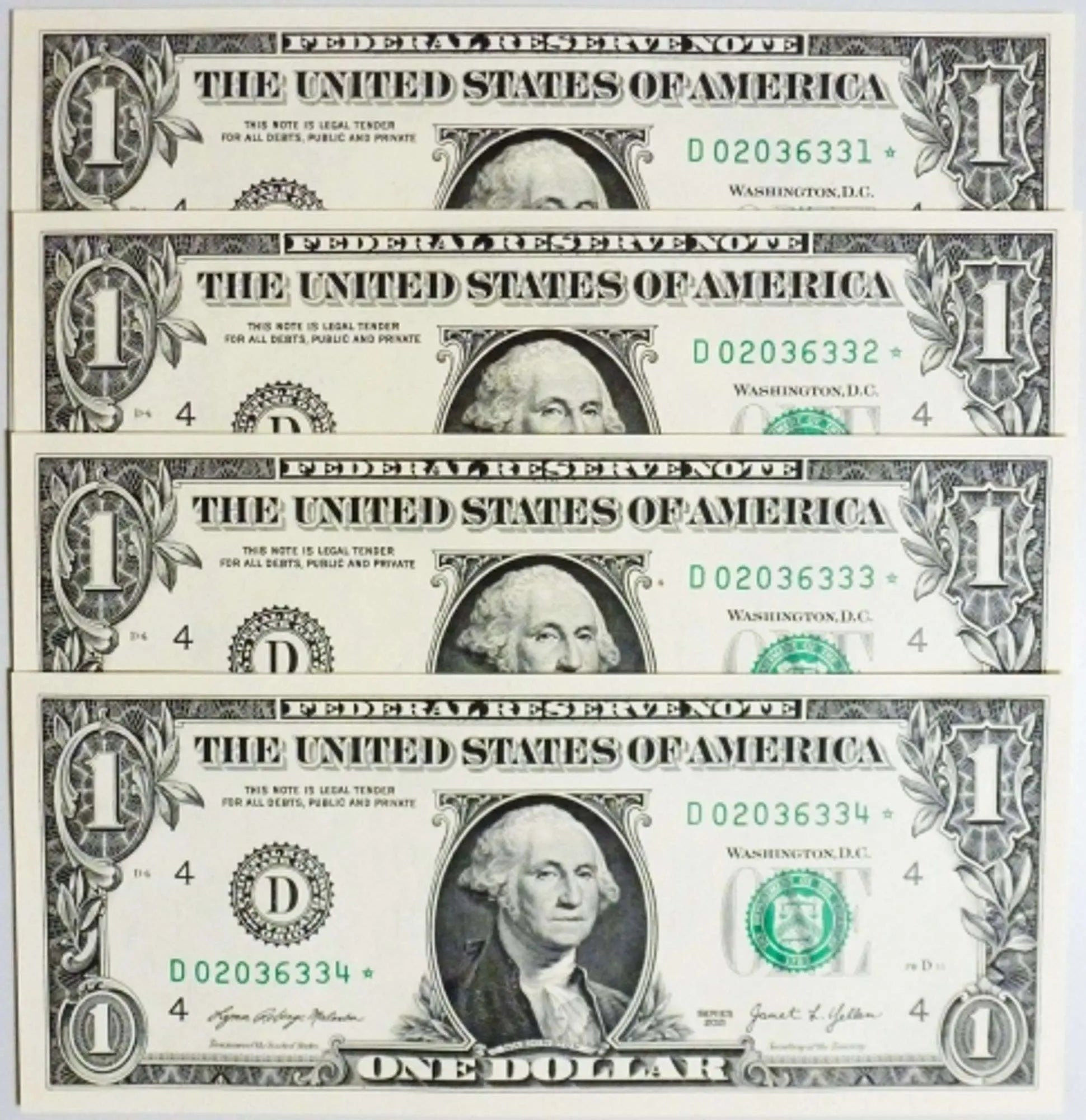 2021 Cleveland-Consecutive Star Notes - 4 $1 Notes in Superb Crisp Condition Heritage Pastime
