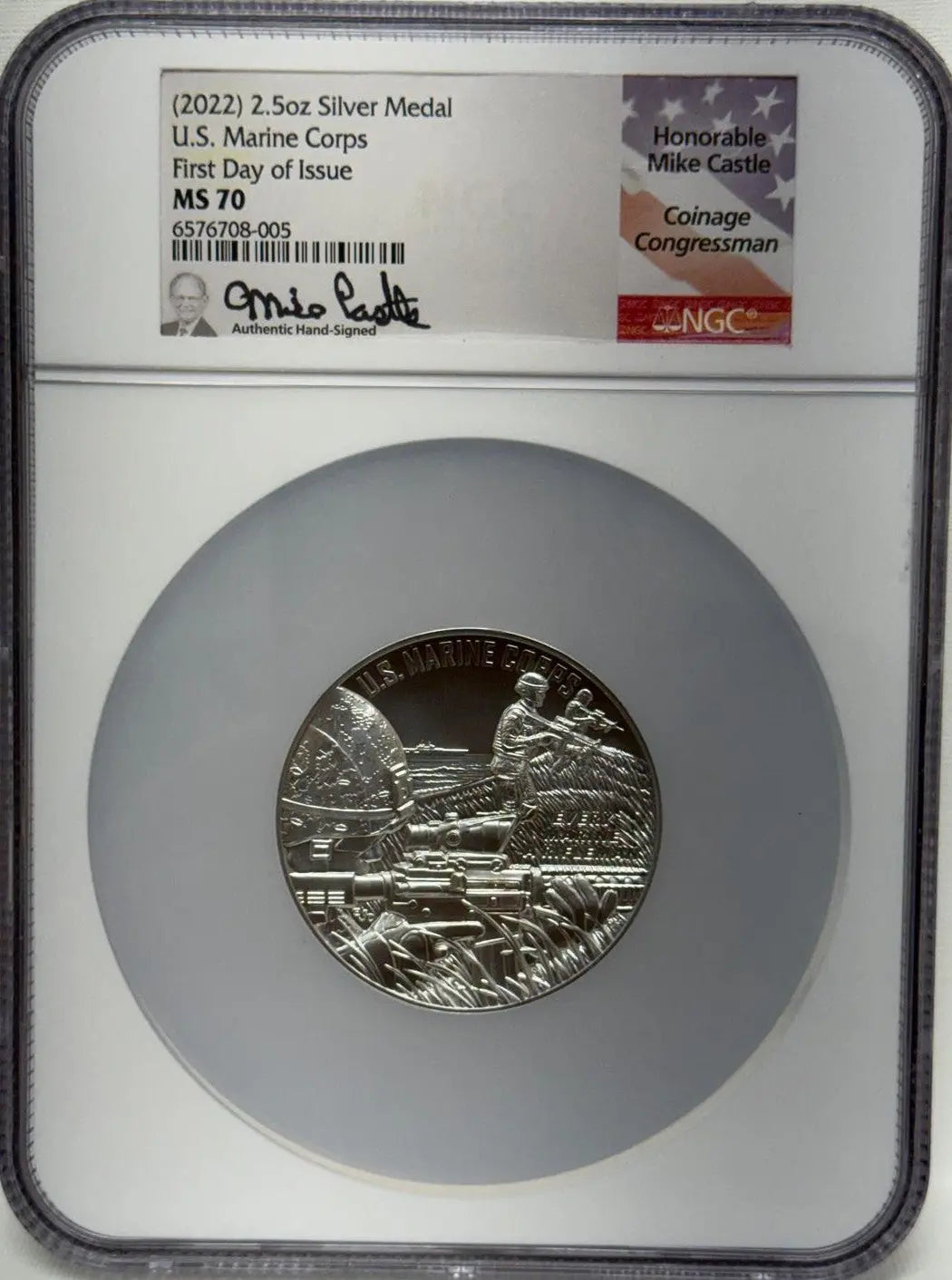 2022 2.5oz Silver Medal U.S. Marine Corps First Day of Issue MS 70 Honorable Mike Castle Hand Signed Heritage Pastime