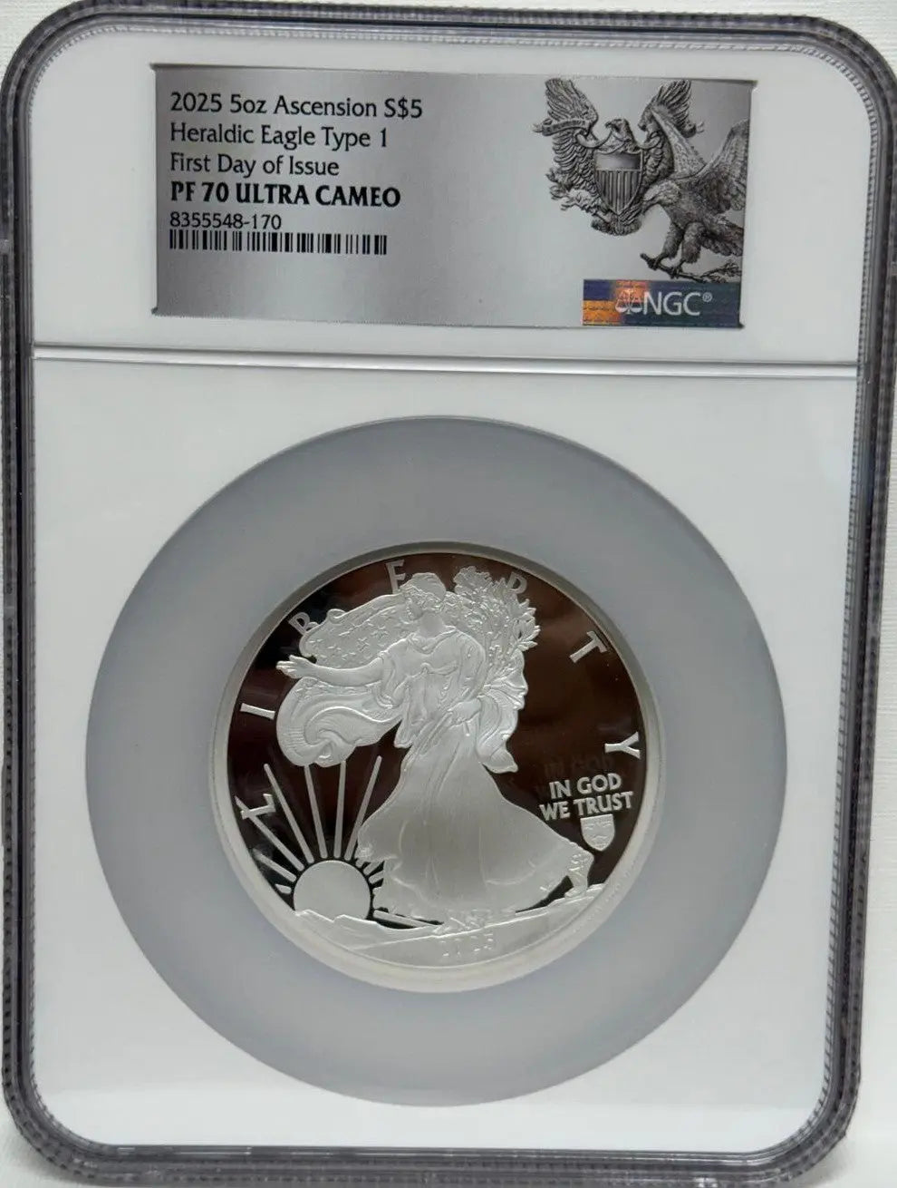 2025 $5 5oz Ascension Silver Heraldic Eagle Type 1 First Day of Issue PF 70 ULTRA CAMEO Heritage Pastime