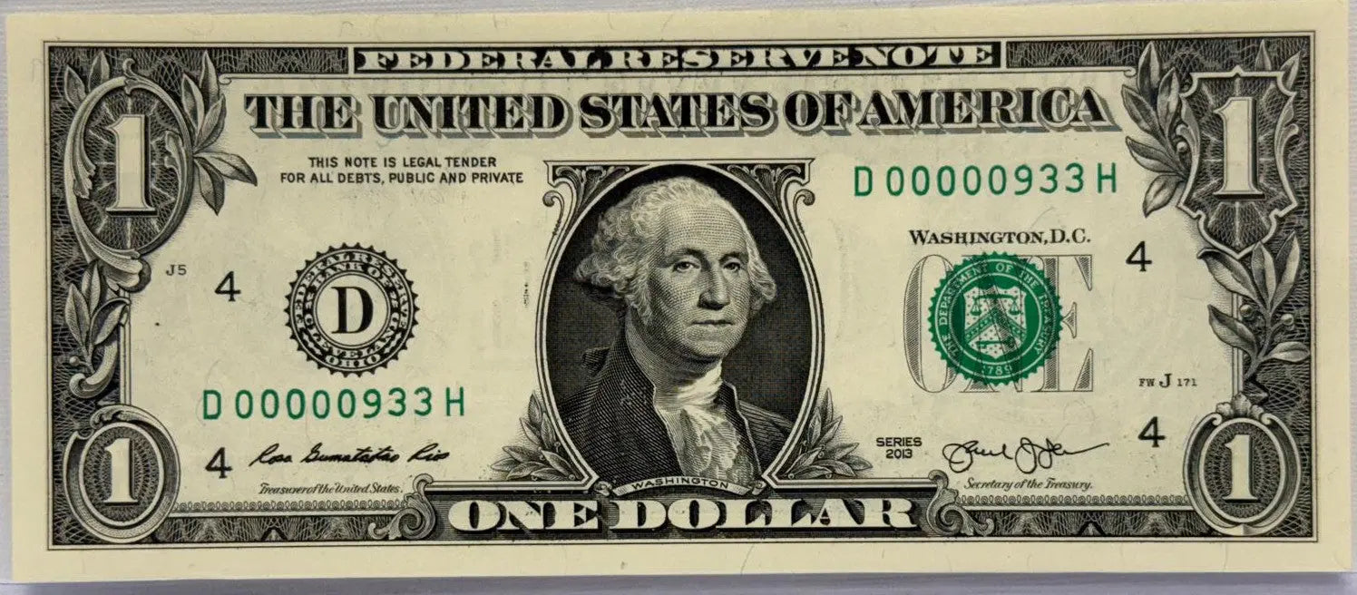 3 DIGIT LOW SERIAL NUMBER 933 2013 $1 Dollar Bills FANCY D 00000933 H Coin Hub