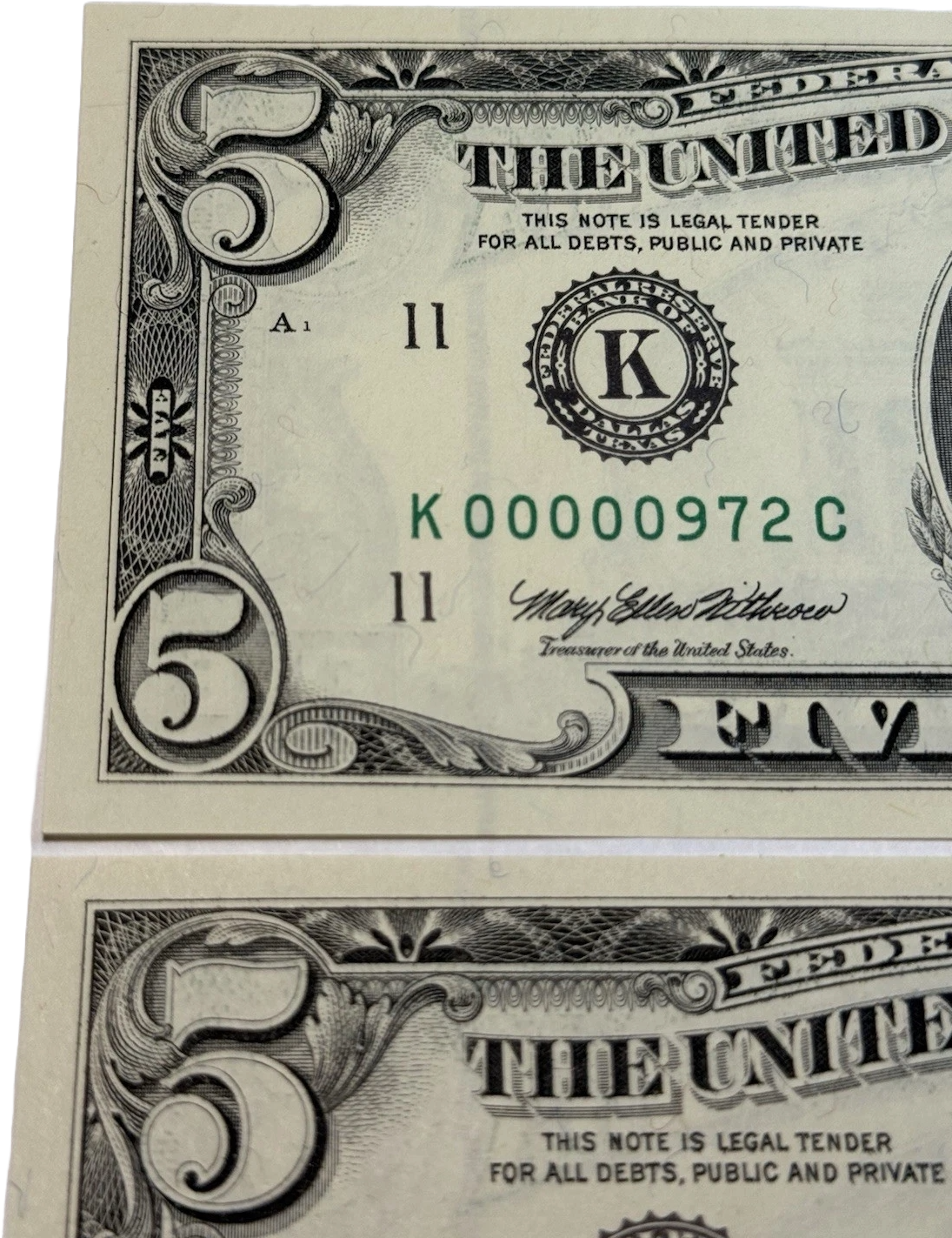 THREE DIGIT LOW SERIAL NUMBER 974 $5 Dollar Bills FANCY K00000927C~3 CONSECUTIVE