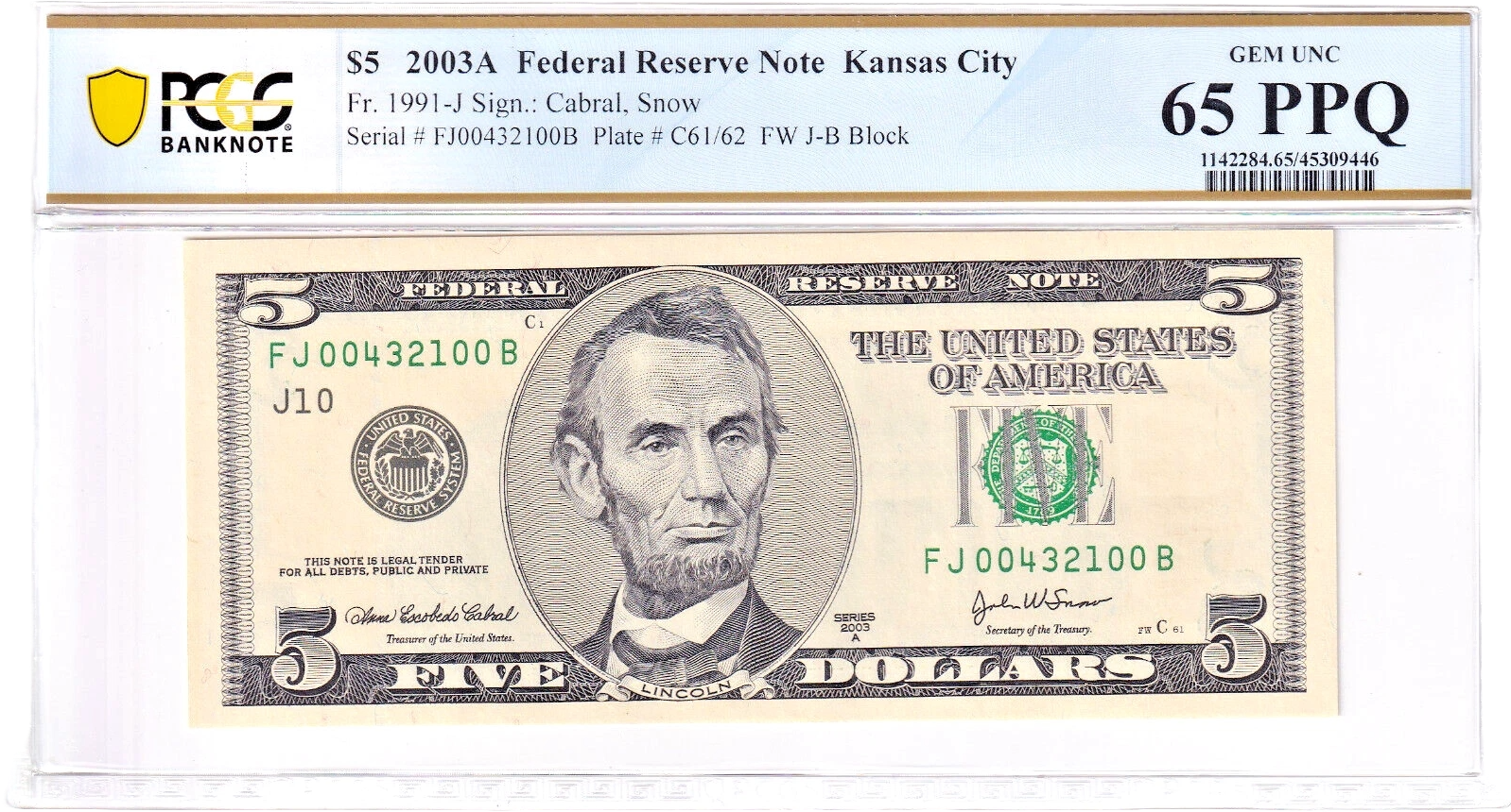 2003A $5 FRN PCGS 65PPQ Fancy PARTIAL REVERSE LADDER BOOKEND Serial #FJ00432100B