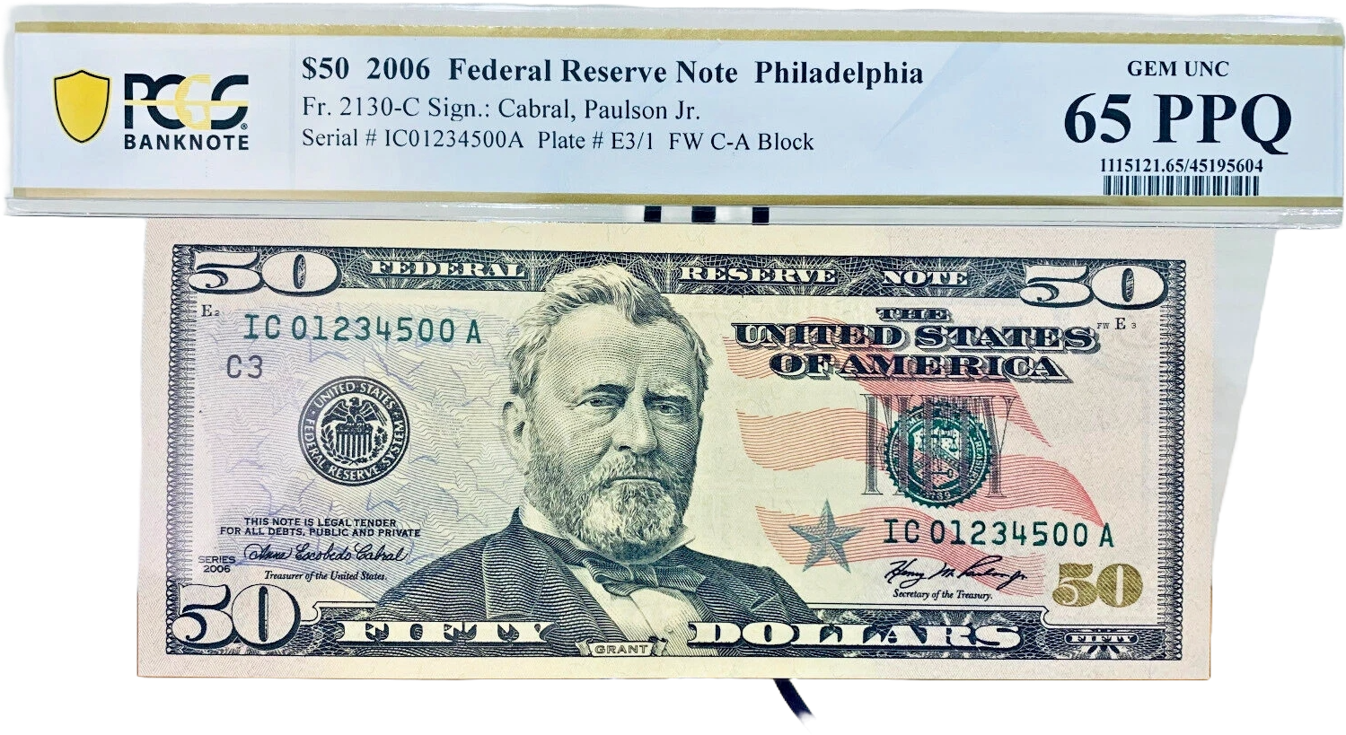 2006 $50 FRN PCGS 65PPQ Fancy PARTIAL LADDER Serial #IC01234500A