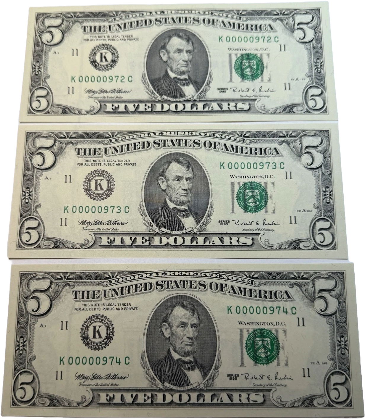 THREE DIGIT LOW SERIAL NUMBER 974 $5 Dollar Bills FANCY K00000927C~3 CONSECUTIVE