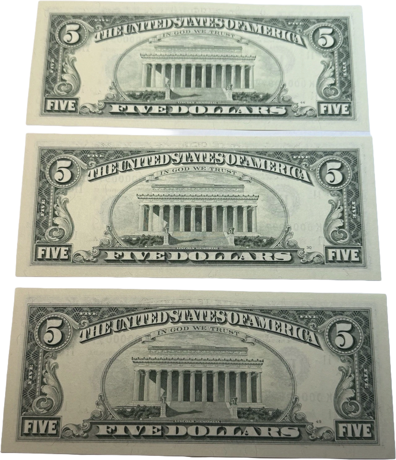 THREE DIGIT LOW SERIAL NUMBER 974 $5 Dollar Bills FANCY K00000927C~3 CONSECUTIVE