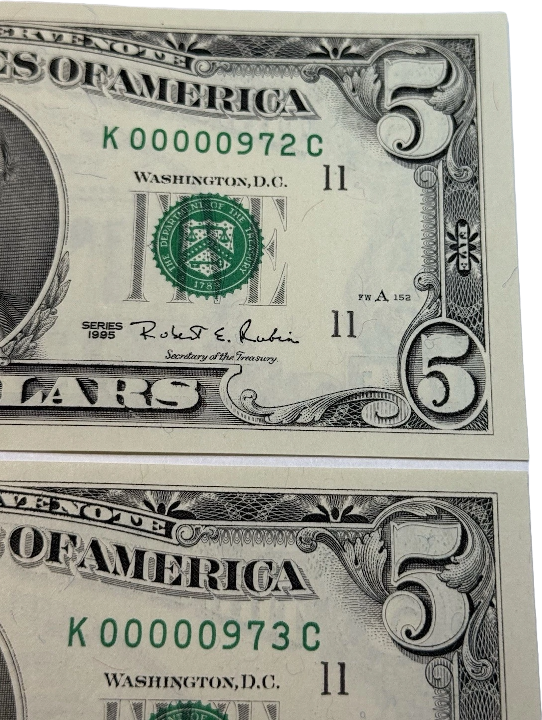 THREE DIGIT LOW SERIAL NUMBER 974 $5 Dollar Bills FANCY K00000927C~3 CONSECUTIVE