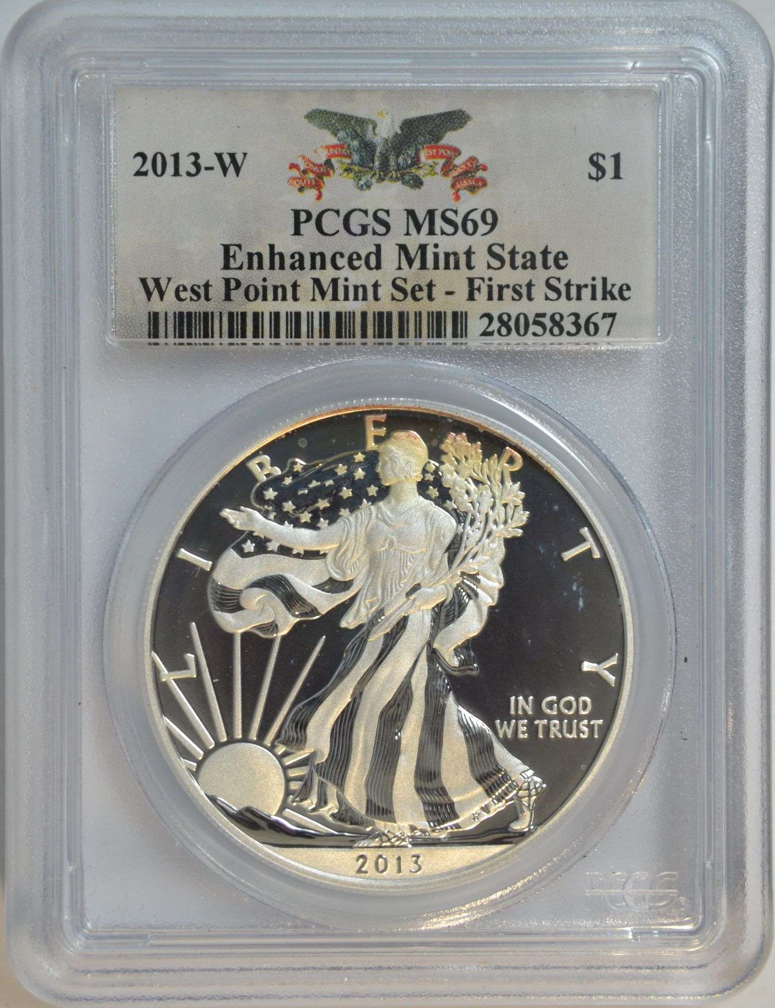 Awesome Enhanced Mint State 2013-W $1 Silver Eagle. PCGS MS69 First Strike