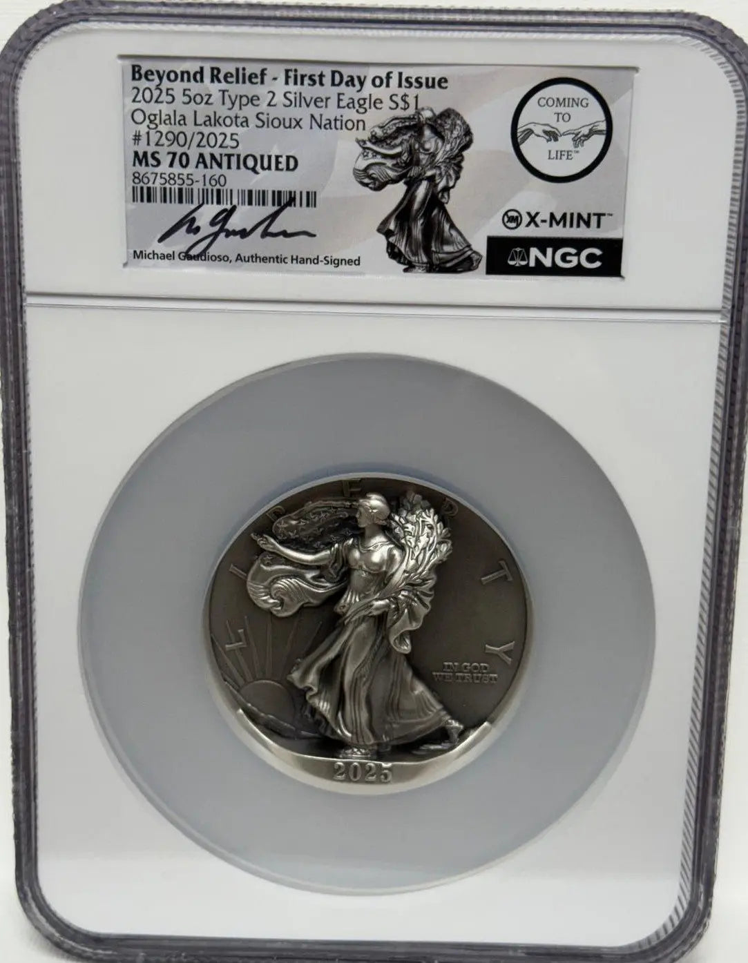 Beyond Relief 2025 First Day of Issue 5oz Type 2 Silver Eagle – Oglala Lakota Sioux Nation, MS70 Antiqued, Limited Edition #1290/2025 Heritage Pastime