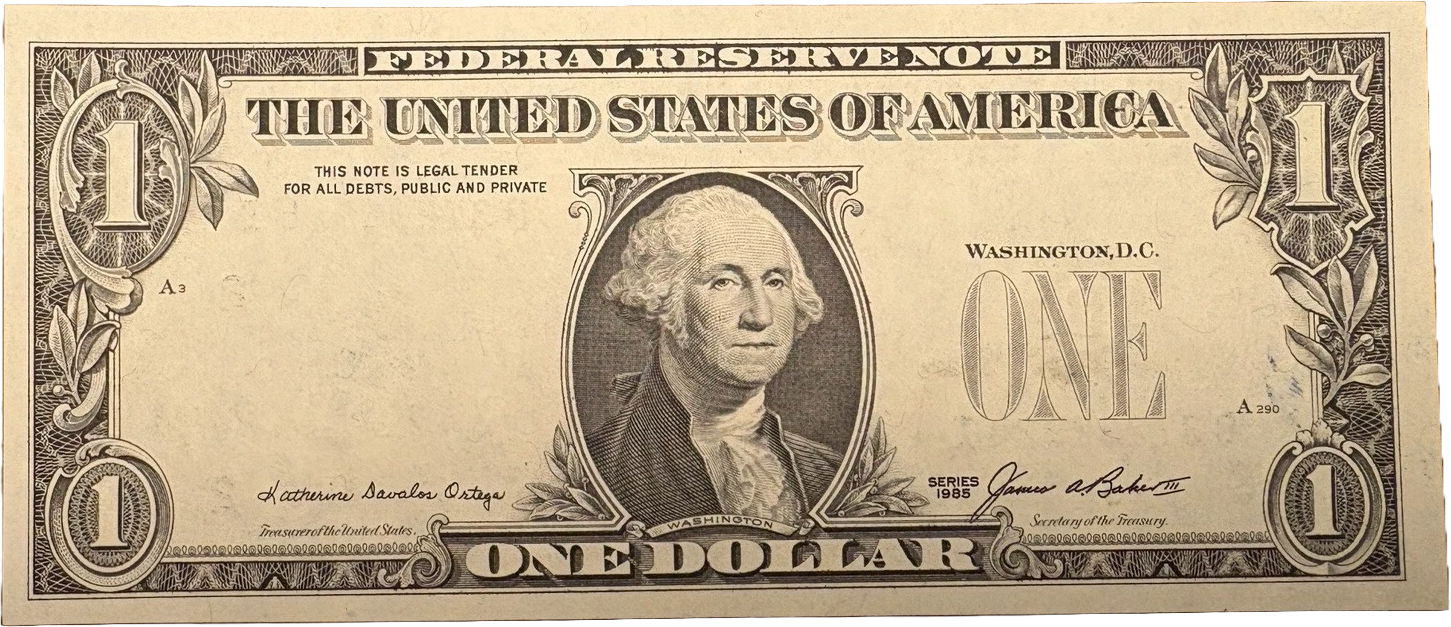 Superb Crisp 1985 $1 ERROR Note. Great Condition! Serial number and seal on reverse. RARE!