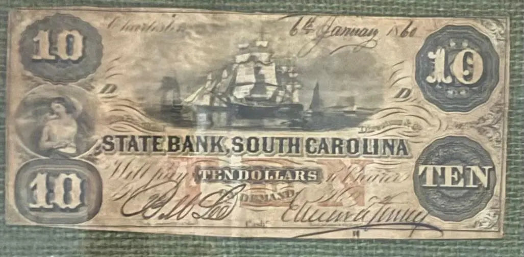 Framed South Carolina Obsolete Currency Collection – State Bank of Charleston Notes (1850s–1860s) Heritage Pastime