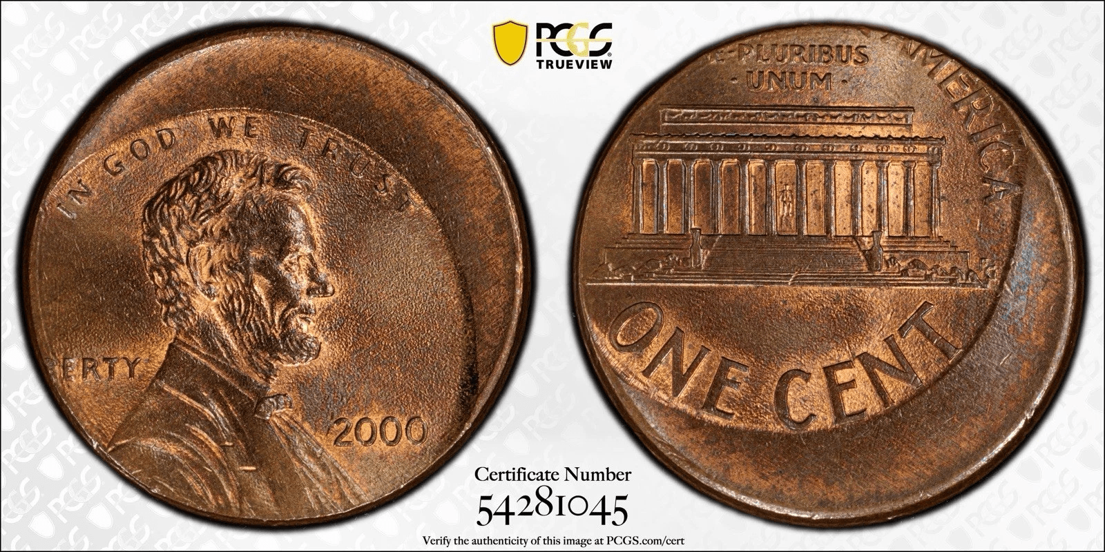 PCGS certified 2000 Lincoln cent obverse and reverse with certificate number 54281045