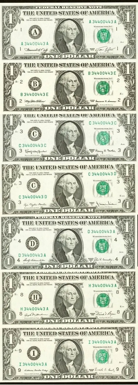 "Radar Strike: 7 Matching $1 Federal Reserve Bank Notes" - Various Years Coin Hub