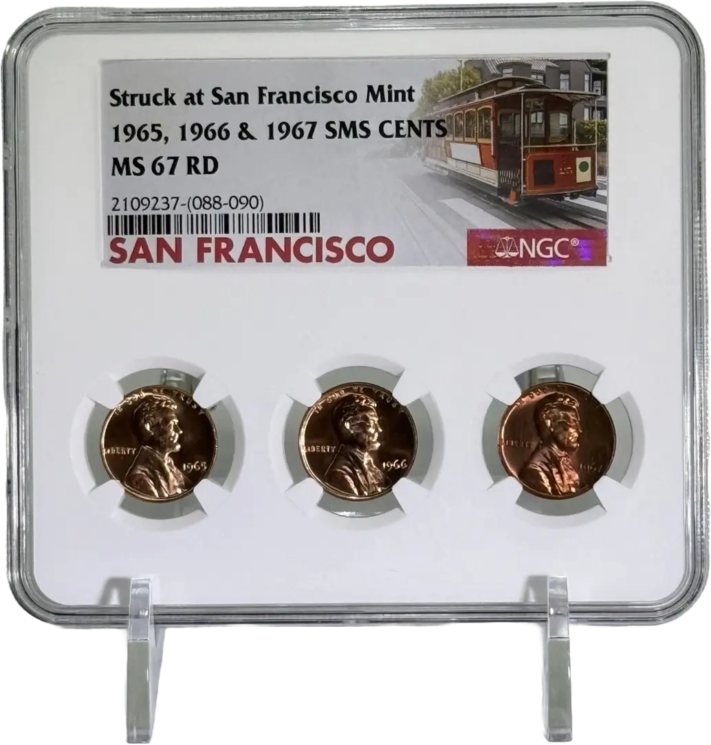 Rare 1965, 1966, & 1967 SMS Cents – All San Francisco Mint, NGC MS67RD Tri-Holder Coin Hub