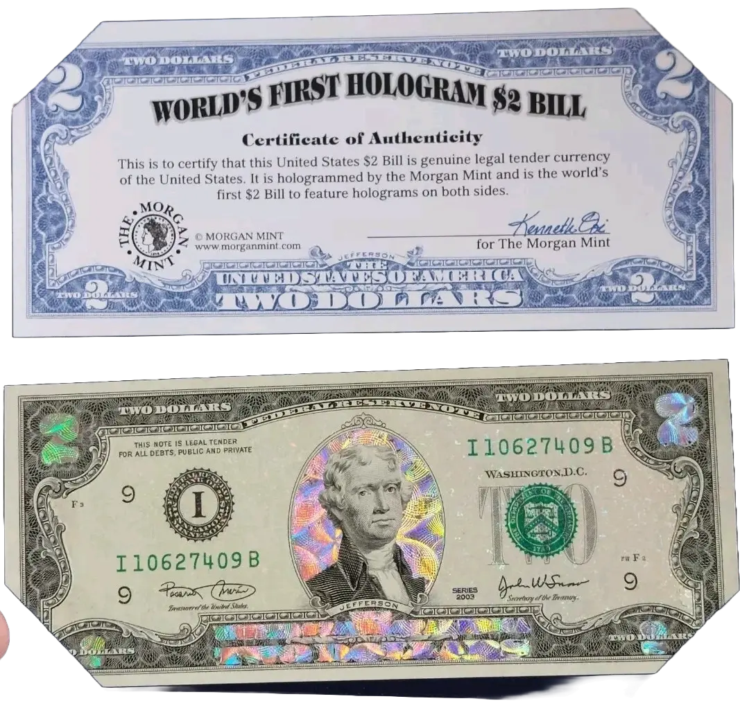 Rare 2003 World's First Hologram $2 Bill - The Morgan Mint Holder & Certificate Coin Hub