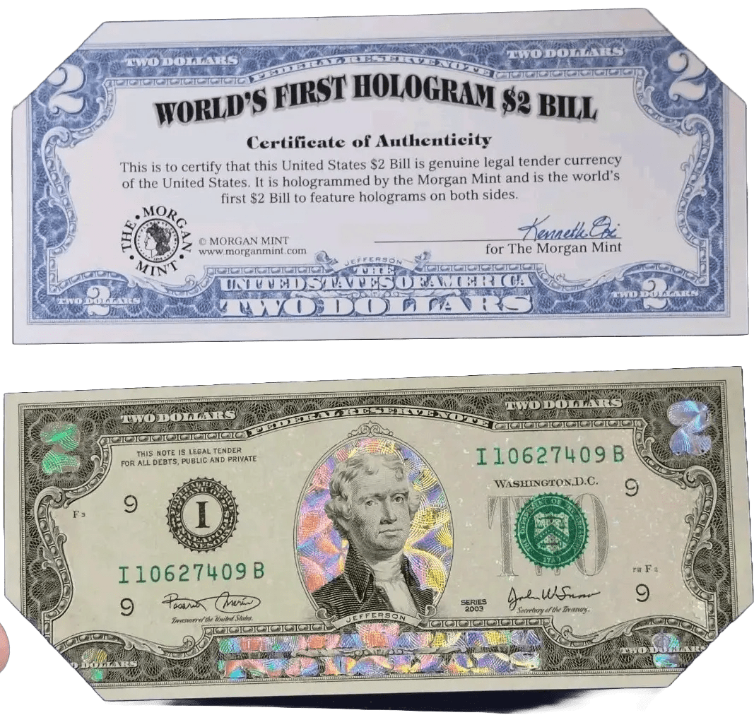 Rare 2003 World's First Hologram $2 Bill - The Morgan Mint Holder & Certificate Heritage Pastime